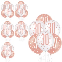 Globos de látex rosa dorado cumpleaños de 30 cm - Qualatex - 6 unidades
