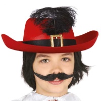 Sombrero de mosquetero rojo con pluma infantil - 55 cm