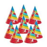 Sombreros de Tarta de cumpleaños arcoíris - 8 unidades