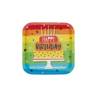 Platos cuadrados de Tarta de cumpleaños arcoíris de 17 cm - 8 unidades