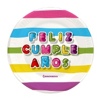 Platos Feliz Cumpleaños franjas de colores de 18 cm - 8 unidades