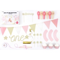Pack de mesa dulce de primer cumpleaños rosa - 33 piezas