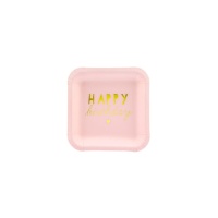 Platos cuadrados rosas con Happy Birthday dorado de 14 cm - 6 unidades