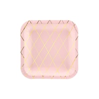 Platos cuadrados rosas con líneas doradas de 20 cm - 6 unidades