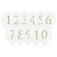 Globos de látex blanco con números dorados de 30 cm - PartyDeco - 11 unidades