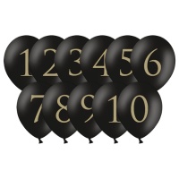 Globos de látex negro con números dorados de 30 cm - PartyDeco - 11 unidades