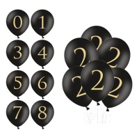 Globos de látex negro con número dorado de 30 cm - PartyDeco - 50 unidades