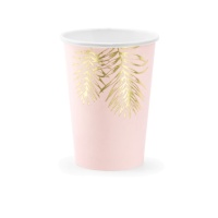 Vasos de 220 ml rosa pastel con hojas doradas - 6 unidades