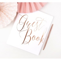 Libro de firmas Guest Book blanco con letras rosa dorado