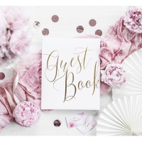 Libro de firmas Guest Book blanco con letras doradas