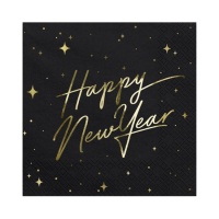 Servilletas Happy New Year negras de 16,5 x 16,5 cm - 20 unidades