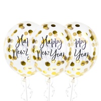 Globos de látex transparente con confetti dorado de Happy New Year de 27 cm - PartyDeco - 3 unidades