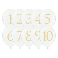 Globos de látex blanco con números dorados de 30 cm - PartyDeco - 10 unidades
