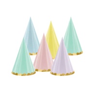 Sombreros de fiesta colores surtidos con cenefa dorada - 6 unidades