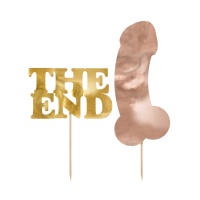 Topper para tarta The End dorado y pene rosa dorado - 2 piezas