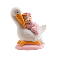 Figura para tarta de bautizo de cigüeña con bebé dormido rosa - 10 cm