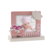 Figura para tarta de bautizo con marco para foto rosa con patucos - 11 cm