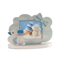 Figura para tarta de bautizo con marco para foto azul con detalles bebé - 11 cm