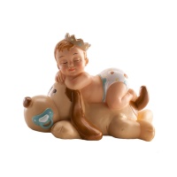 Figura para tarta de bautizo de perrito durmiendo con bebé príncipe - 7 cm