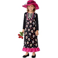 Disfraz de esqueleto Catrina con sombrero para niña