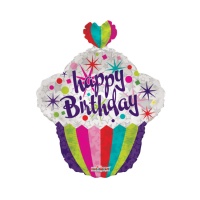 Globo silueta cupcake multicolor Happy Birthday de 55 cm