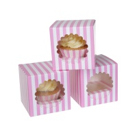 Caja para 1 cupcake a rayas rosa y blanca - 9 x 9 x 9 cm - House of Marie - 3 unidades