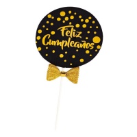 Topper para tarta de Feliz Cumpleaños circular con lazo y lunares dorados