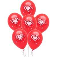 Globos de látex rojos y corazón blanco de 30 cm - 6 unidades