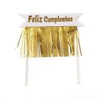 Topper para tarta de Feliz Cumpleaños flecos dorados