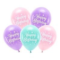 Globos de látex Happy Birthday stars de 26 cm - 5 unidades
