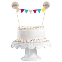 Topper para tarta de Happy Birthday con banderin de 15 X 20 cm