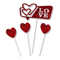 Toppers para tarta de Love de corazones rojos - 4 unidades