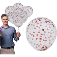 Globos de látex transparentes con confeti de corazones rojos - 10 unidades