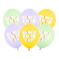 Globos de látex multicolor de Happy Birthday de 30 cm - 6 unidades