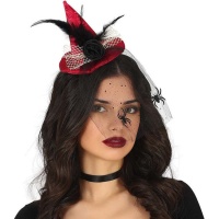 Diadema mini sombrero de bruja rojo con velo