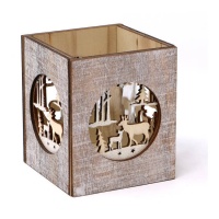Portavelas cuadrado de madera con motivos navideños de 8,2 x 8,2 x 9,5 cm