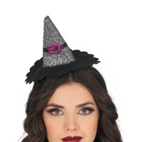 Sombrero de bruja mini plateado con hebilla morada