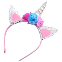 Diadema de unicornio color plata con 3 flores