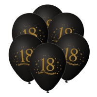 Globos de látex negros con número 18 dorado Feliz Cumpleaños de 23 cm - 6 unidades