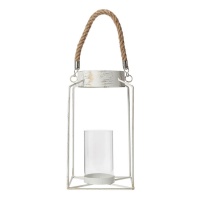 Farol blanco con cuerda portavelas de 17 x 17 x 30,5 cm