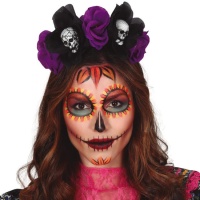 Diadema de calaveras con rosas negras y lilas de Catrina