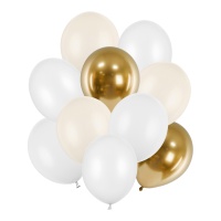 Globos de látex de 27 a 30 cm blanco y dorado - 10 uds