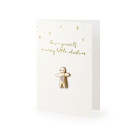 Tarjeta navideña blanca con pin de hombre de jengibre