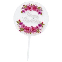 Topper para tarta de Happy Birthday circular de flores