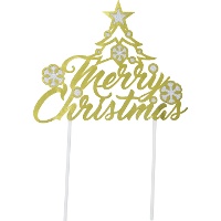 Topper para tarta de Merry Christmas oro de 16 x 24 cm