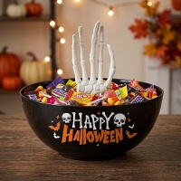 Bol de happy halloween negro con mano esqueleto de 25 cm