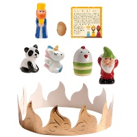 Kit para roscón de reyes: corona, haba, rey, tarjeta y 4 figuras
