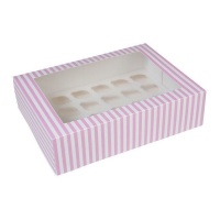 Caja para 24 mini cupcakes a rayas rosa y blanca de 33,9 x 25,4 x 9,6 cm - House of Marie - 2 unidades
