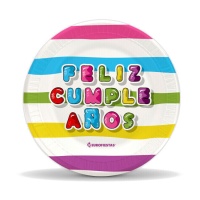 Platos Feliz Cumpleaños franjas de colores de 18 cm - 8 unidades