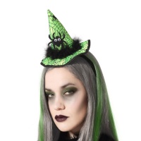 Sombrero mini de bruja verde con arañas